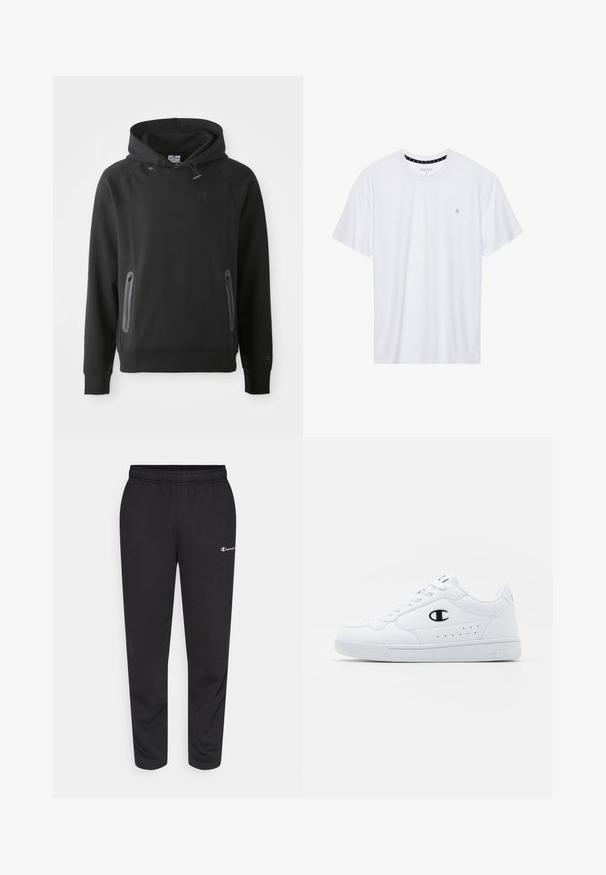 Juodas gobtuvėlis su kengūros kišene, pagamintas iš minkštos medžiagos. Turi raištelius ir logotipą ant krūtinės. Ilgos rankovės su rankogaliais.; Balta apvalios kaklo marškinėliai, pagaminti iš medvilnės, su trumpomis rankovėmis ir mažuoju logotipu, išsiuvinėtu kairėje krūtinės pusėje. Minkštas audinys.; Juodos medvilnės mišinio sportinės kelnės, su elastine juosta ir maža balta logo kairėje pusėje. Šlaunies siaurinimo dizainas.; Baltos sportinės kedai su lygiu sintetinės medžiagos viršumi, juodu logotipo akcentu ir perforuotomis detalėmis šonuose. Gumos padas.