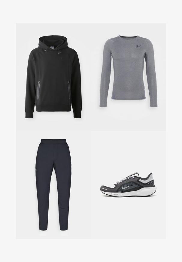 Czarna bluza z kapturem z kieszenią kangurzą, wykonana z miękkiego materiału. Posiada sznurki ściągające i logo na klatce piersiowej. Długie rękawy z mankietami.; Długa rękawowa odzież sportowa w ciemnoszarym kolorze, wykonana z gładkiego, elastycznego materiału o subtelnej połyskującej fakturze oraz płaskich szwach; posiada małe logo na klatce piersiowej.; Czarne spodnie sportowe o gładkiej fakturze, dopasowanym kroju, elastycznej talii i bocznych kieszeniach. Posiadają małe logo na lewym udzie.; Czarne i szare buty sportowe z siateczkową cholewką, odblaskowymi akcentami i białą podeszwą środkową. Posiadają teksturowaną gumową podeszwę i sznurowadła.