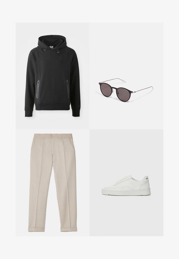 Black hooded sweatshirt with a kangaroo pocket, made from a soft material. Features drawstrings and a logo on the chest. Long sleeves with cuffs.; Filippa K TERRY CROPPED TROUSERS - Trousers - sage melange; White leather sneaker with a smooth finish, round toe, flat laces, and a textured sole. Features a subtle logo on the heel.; Black round sunglasses with dark lenses and slim metal arms. Includes clear temple tips and silver accents at the hinge. Minimalist design.