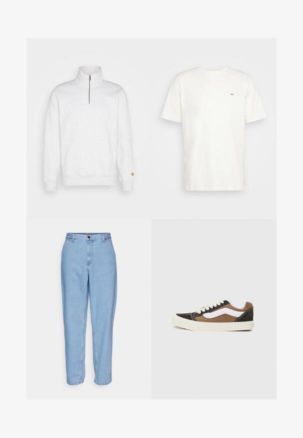 Fehér cipzáros kapucnis pulóver magas gallérral, elülső kenguru zsebbel, bordázott mandzsettákkal, és egy kis logóval a bal ujján. Puha szövettextúra.; Fehér pamut póló kerek nyakkivágással, rövid ujjakkal és egy kis fekete "W.W." logóval a bal mellen. Simaságot biztosító textúra, normál szabás.; Világoskék farmernadrág, laza szabású, magas derékkal és egyenes lábakkal. Elöl zsebekkel és fém gombos záródással rendelkezik.; Fekete és barna tornacipők fehér részletekkel, vászon anyagból, alacsony szárú kialakítással, kerek orral és bézs gumi talppal. Kontrasztos varrással rendelkezik.