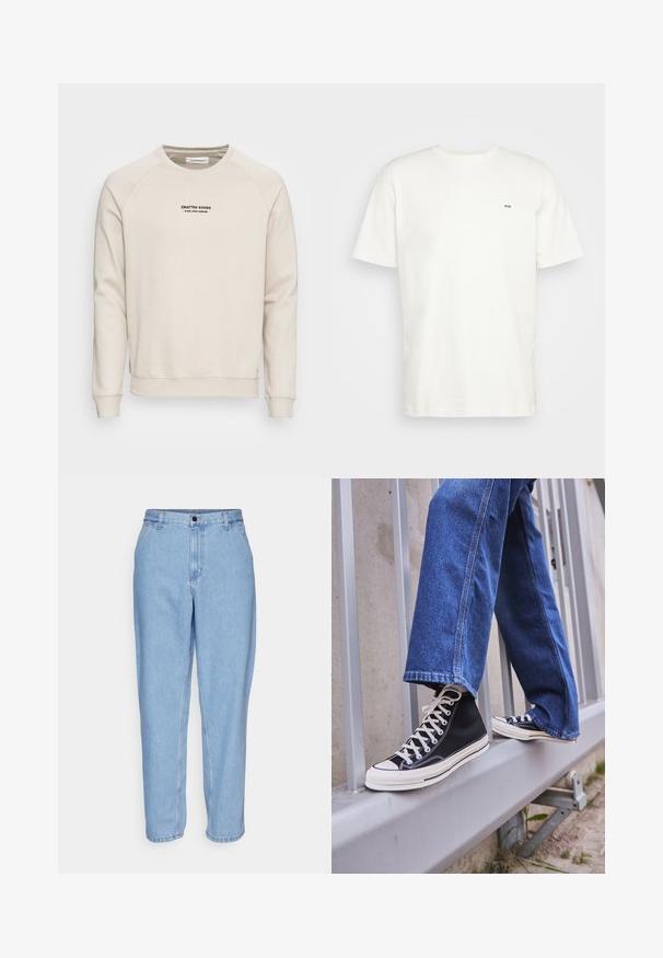 Krämfärgad sweatshirt med raglanärmar, ribbade muddar och nederkant. Har en logotyp i svart text på framsidan. Mjuk, texturerad tyg.; Vit bomull t-shirt med rund halsringning, korta ärmar och en liten svart "W.W." logotyp på vänster bröst. Slät textur, vanlig passform.; Ljusblå denimjeans med avslappnad passform, hög midja och raka ben. Inkluderar framfickor och en metallknappsstängning.; Svarta högskurna sneakers med vit sula och snören, tillsammans med lösa blå jeans, vilande på ett grått räcke.