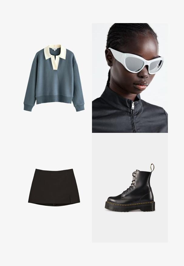 Pullover blu a maniche lunghe con un ampio colletto crema e scollo a V, polsini e orlo a costine, realizzato in tessuto lavorato a maglia.; Minigonna nera in tessuto liscio, con design dritto, spacchi laterali e orlo pulito. Semplice e versatile.; Stivali alla caviglia in pelle nera con lacci, dotati di una suola nera spessa e cuciture gialle. Presentano una linguetta sul retro e occhielli metallici circolari.; Occhiali da sole bianchi con un design audace e squadrato, dotati di lenti specchiate, con montatura in plastica liscia e curve accentuate.; Spilli di sicurezza argentati con design a forma di U arrotondata, che presentano una texture lucida e liscia e estremità circolari aperte per un facile utilizzo.