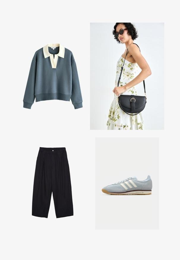 Pull bleu à manches longues avec un large col crème et une ouverture en V, poignets et ourlet côtelés, fabriqué en tissu tricoté.; Pantalon culotte noir en polyester avec une taille élastique, deux plis avant et une silhouette ample. Pas de motifs visibles ni de détails matériels.; Baskets en suède bleu clair avec trois bandes blanches, semelle en caoutchouc et mesh texturé. Comprend un capuchon de orteil lisse et une marque sur le talon.; Sac à main en cuir noir avec une forme courbée, bandoulière amovible et des accessoires en or. Le sac est doté d'un rabat avec un détail de boucle.