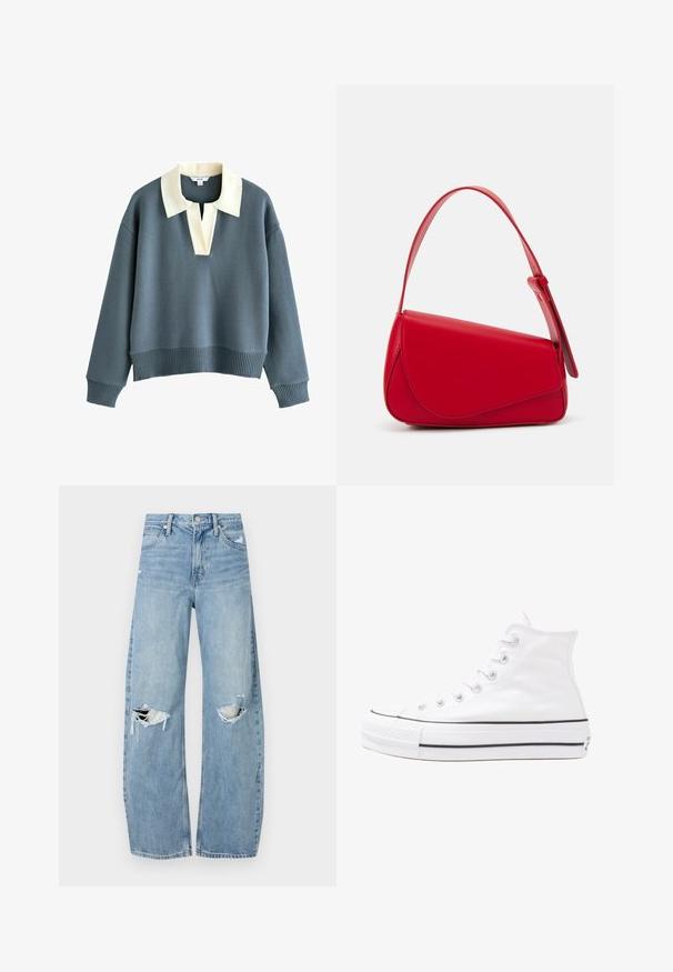 Pikend varrukatega sinine sviiter, millel on lai kreemivärvi krae ja V-kujuline avaus, ribakudumisega varrukasuud ja äär, valmistatud kudumiskangast.; Heledad hallideega sinised teksad, millel on kõrge talje. Teksade jalgadel on lai alus, kaks rebitud kohta põlvede ümber ning klassikaline viie tasku stiil.; Valge kõrgem kangast tenniseking, millel on must kummist tald, ees kummist varvasetugi ja kuus aukku paelte jaoks, pakkudes puhta ja minimalistliku disaini.; Punane nahast käekott, millel on nurkadega geomeetriline disain. Omab ühte reguleeritavat rihma ja klappidega sulgemist, millel on õmblustega kaunistused.