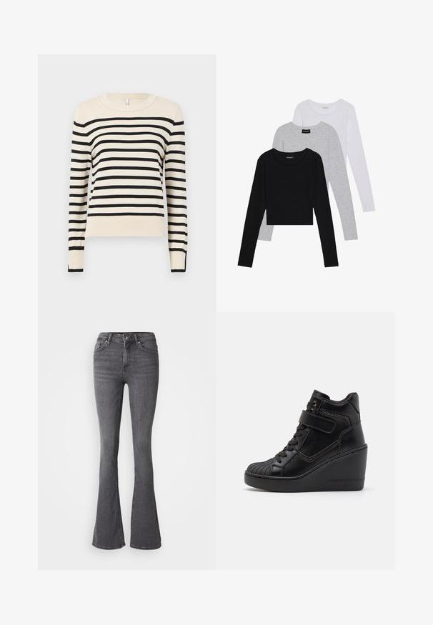 Pull créme avec des rayures noires horizontales, col rond, manches longues et finitions côtelées au niveau des poignets et de l'ourlet. Texture lisse, coupe décontractée.; Trois hauts à manches longues empilés : noir, gris et blanc. Chacun a un col rond et un design court avec un tissu lisse et léger.; Jean évasé gris avec taille haute, fermeture à bouton, cinq poches et accents de couture subtils. Fabriqué en denim avec une texture lisse.; Baskets montantes à talon en cuir lisse, avec un laçage à l'avant, une sangle ajustable et des accents de zip décoratifs.