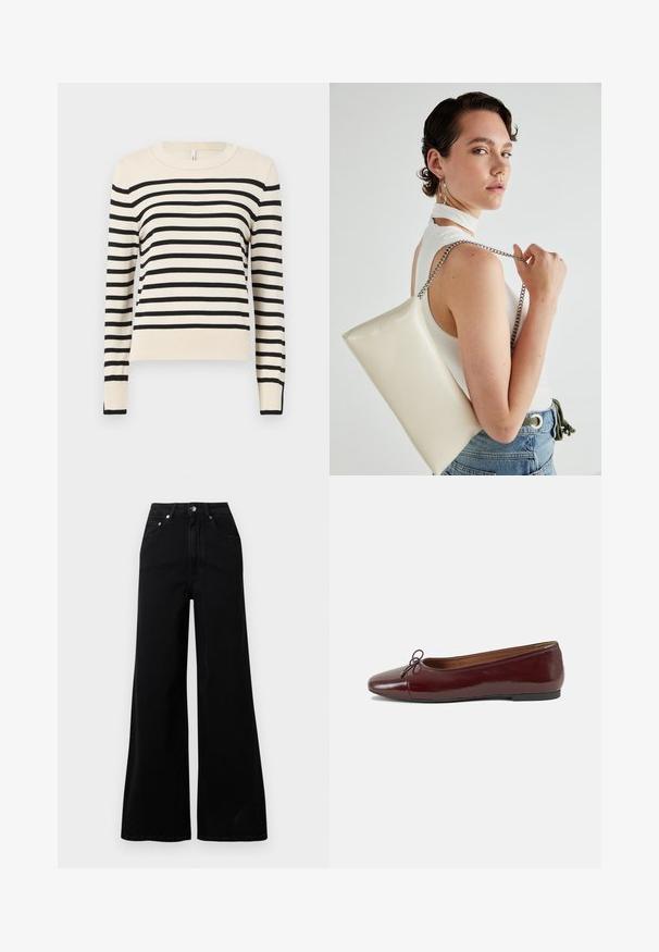 Cream sweater with horizontal black stripes, round neckline, long sleeves, and ribbed cuffs and hem. Smooth texture, casual fit.; Black wide-leg jeans made from denim, featuring a high waist, five pockets, front button closure, and minimal stitching details.; Burgundy patent leather ballet flat with a rounded toe, small bow accent at the front, and a low, black rubber sole. Smooth texture.; White rectangular clutch bag made of glossy material, featuring a silver chain strap. Model poses, showcasing the bag against a plain background.