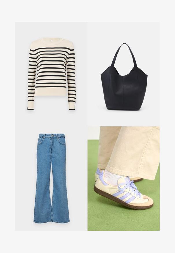 Crème kleurige trui met horizontale zwarte strepen, ronde halslijn, lange mouwen en ribgebreide manchetten en onderkant. Glad textuur, casual pasvorm.; Lichtblauwe flared jeans van denim, met een hoge taille, vijf zakken en een enkele knoopsluiting. Zachte textuur met een vervaagde afwerking.; Crème- en lavendel-sneakers met drie strepen en een gestructureerde bruine zool, voorzien van veters en een gewatteerde hiel. Zachte stoffen bovenkant.; Zwarte tote tas van glad leer, met een gebogen, open bovenkant en twee schouderbanden, en een minimalistisch ontwerp.