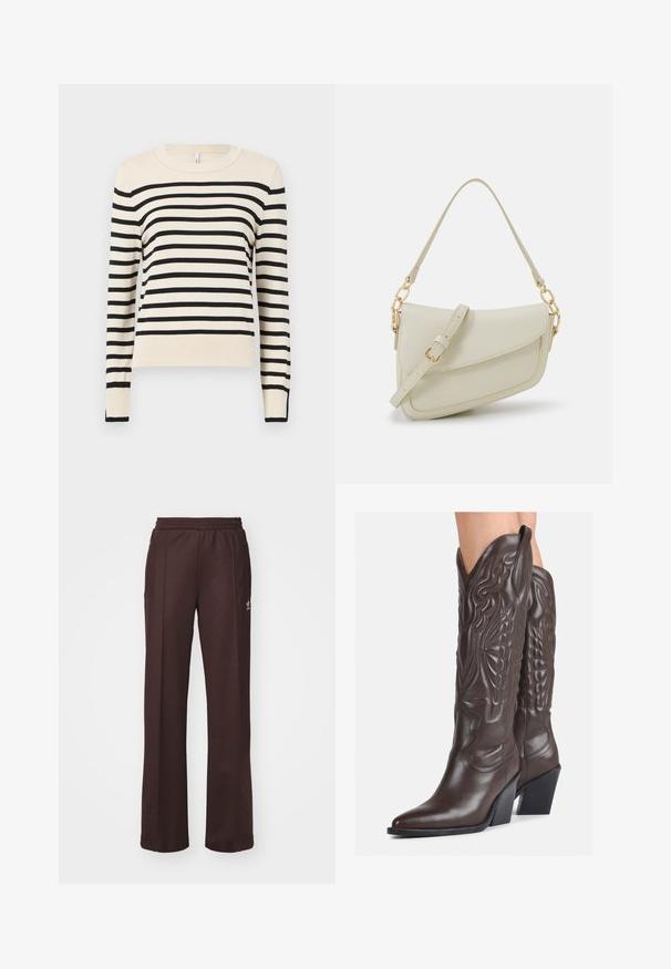 Krém színű pulóver vízszintes fekete csíkozással, kerek nyakkivágással, hosszú ujjakkal, bordázott mandzsettákkal és alsó résszel. Simaság jellemzi, laza fazon.; Barna sport nadrág rugalmas derékkal, két oldalsó zsebbel és egy kis logóval a bal oldalon, puha anyagból készült.; Barna bőr cowboy csizmák hegyes orral és blokk sarkal, részletes varrással és kiemelkedő díszítésekkel a szárán.; Kis krémszínű táska texturált felülettel, hosszú, állítható pánttal, láncos díszítéssel és fedéllel záródik. Aranyszínű fém részletek.