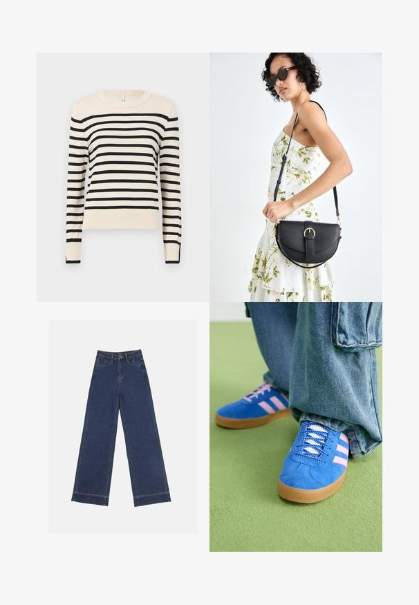 Suéter crema con rayas negras horizontales, cuello redondo, mangas largas y puños y dobladillo acanalados. Textura suave, ajuste casual.; Jeans de pierna ancha en denim azul oscuro. Presenta cinco bolsillos, trabillas para cinturón y un dobladillo sin acabados en la parte inferior con detalles de costura visibles.; Zapatos de gamuza azul con rayas rosas y cordones blancos, con una suela de goma, combinados con pantalones denim holgados sobre una superficie verde.; Bolso de piel negra con forma curva, correa desmontable y herrajes dorados. El bolso cuenta con una solapa con un detalle de hebilla.