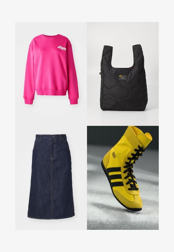 Felpa rosa realizzata in tessuto morbido e testurizzato, con scollatura a girocollo e maniche lunghe. Presenta un logo bianco sulla parte anteriore.; Gonna di jeans scuro con vita alta, taglio dritto, tasche frontali e cuciture a vista. Presenta una chiusura con zip e bottone in vita.; Sneaker alte realizzate in materiale sintetico giallo, con lacci neri, tre strisce nere e marchio sul lato. Suola in gomma testurizzata.; Borsa a tote nera trapuntata con un'ampia apertura, forme curve sulla superficie e un'etichetta con testo giallo e bianco sul davanti.; Orecchini a cerchio color oro, sottili e rotondi, con una finitura metallica liscia e senza decorazioni o motivi.