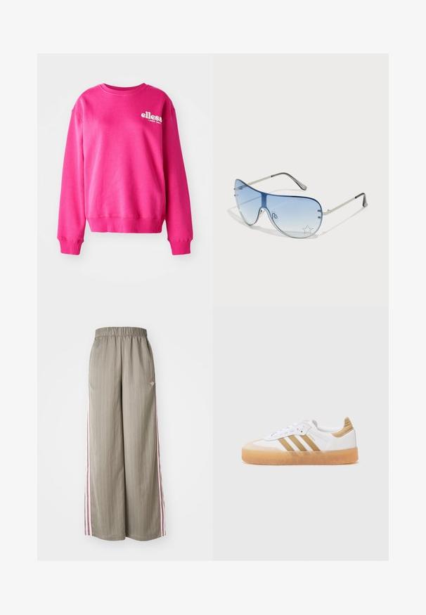 Rózsaszín pulóver puha, texturált anyagból, kerek nyakkivágással és hosszú ujjak. Elöl fehér logó található.; Világos olíva zöld, széles szárú nadrág, függőleges csíkokkal, rugalmas derékkal és rózsaszín oldalsávokkal. Az oldalon egy kis logó található.; Fehér sneaker bézs akcentusokkal, három csíkkal, lekerekített orral és átlátszó gumitalppal. Simas bőr és textil anyagok.; Pilóta napszemüveg, melynek áttetsző kék lencséje, ezüst fém kerete és díszes csillag díszítések találhatók a lencsén. Simogató és elegáns dizájn.