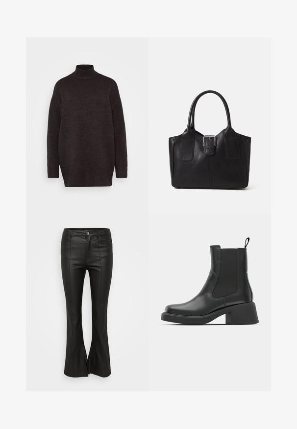 Vero Moda Petite VMIRIS HIGHNECK - Strickpullover - chocolate torte melange; Schwarze Schlaghosen mit glänzender, lederähnlicher Textur, ausgestattet mit Fronttaschen, einem Knopfverschluss und seitlichen Schlitzen am Saum.; Schwarze Leder-Stiefeletten mit elastischen Seitenpanelen, abgerundetem Zehenbereich und einem klobigen Blockabsatz. Glatte Textur mit einem minimalistischen Design.; Schwarze Leder-Tote mit glatter Textur, strukturiertem Design, zwei Griffen und einem auffälligen silbernen Schnallen-Detail auf der Vorderseite.