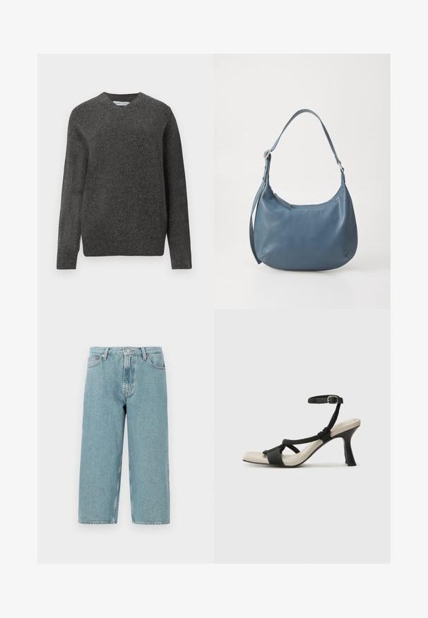 Hall gray V-kaelusega kampsun pehmest villasegust kangast, millel on pikad varrukad ja lahtine lõige. Lihtne, minimalistlik disain, ilma silmapaistvate mustriteta.; Heledad sinine denim lühikesed püksid kõrge talje, sirge lõike ja toore äärega. Omad klassikalise nööbi ja lukuga kinnituse, neli taskut.; Mustad musta kontsaga sandaal, millel on punutud rihma disain, ruudukujuline varvas ja reguleeritav pahkluu rihm. Heleda beeži värvi jalapadi ja läikiv must konts.; Sinine nahast käsipadi ümarate vormidega, ühe õlapaela, tõmblukuga ja esiküljel reliefse brändinimega. Sile tekstuur.
