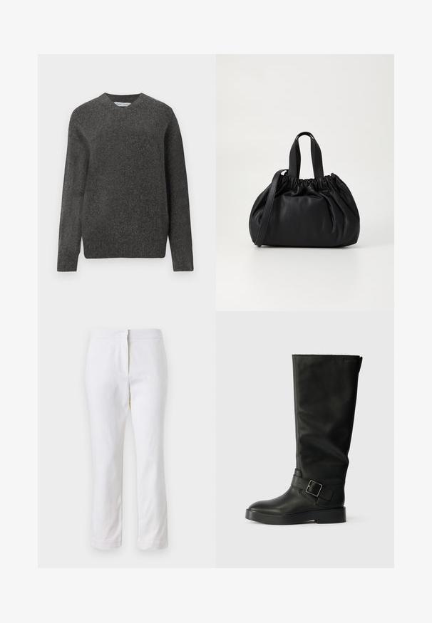 Grauer V-Ausschnitt-Pullover aus weichem Wollmix, mit langen Ärmeln und lockerer Passform. Einfaches, minimalistisches Design ohne auffällige Muster.; Weiße Baumwollhose mit geradem Bein, mittelhoher Taille und ohne sichtbare Beschläge oder Muster. Glatte Textur auf der gesamten Fläche.; Schwarze kniehohe Stiefel aus glattem Leder, mit runder Zehenpartie, dicker Sohle und einem horizontalen Riemen mit rechteckiger Schnalle.; Schwarze Lederhandtasche mit einem gerafften Oberteil, ausgestattet mit zwei kurzen Griffen und einem langen verstellbaren Schulterriemen. Glatte Textur, runde Form.