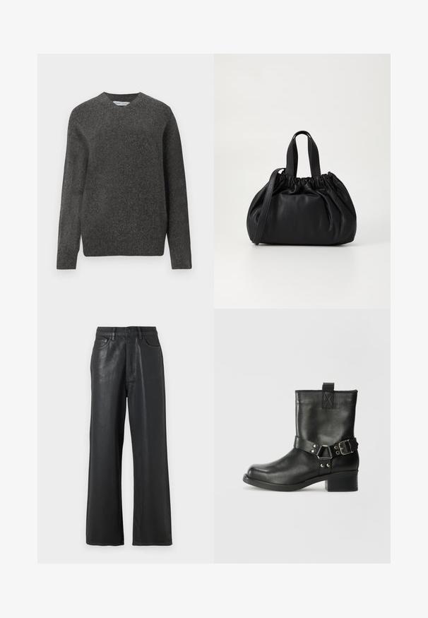 Pulover gri cu decolteu în formă de V, confecționat dintr-un material moale din amestec de lână, având mâneci lungi și o croială lejeră. Design simplu, minimalist, fără tipare evidente.; Pantaloni negri cu picioare largi, realizați dintr-un material lucios. Au închidere cu buton, urechi pentru centură și buzunare frontale cu o textură netedă.; Samsøe Samsøe SABRENTA - Botine cowboy/biker - black; Geantă de mână din piele neagră cu un design cu partea superioară plisată, având două mânere scurte și o curea lungă ajustabilă. Textură netedă, formă rotunjită.