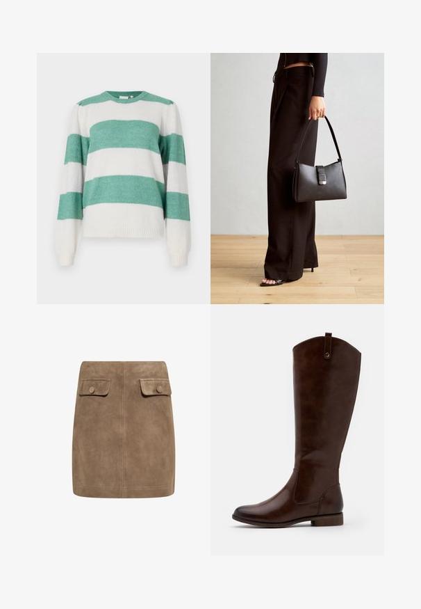 Csíkos pulóver, váltakozó türkiz és fehér színekkel, kerek nyakkivágással, hosszú ujjakban és puha, texturált anyagból készült.; Barna szarvasbőr mini szoknya sima textúrával, két elülső hajtókával és gombos záródásokkal mindkét oldalon. Egyszerű, egyenes szabás.; Barna, térdig érő csizmák sima bőrből, lekerekített orral, alacsony, rakott sarokkal és diszkrét varrással az oldalán.; Fekete kézi táska strukturált formával, sima textúrával és fémből készült záródással. Széles fekete nadrággal és nyitott orrú szandállal párosítva, fából készült padlón.