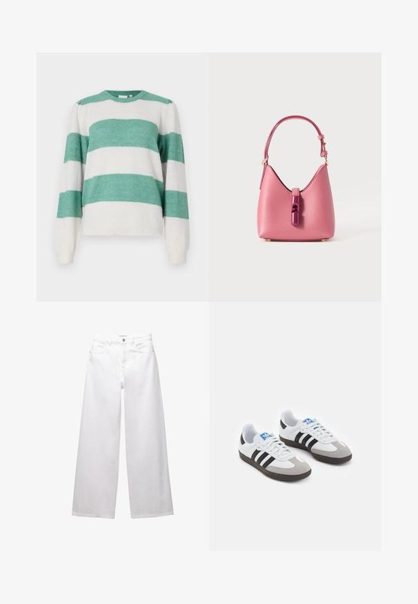 Pulover rayat, cu culori alternante de albastru-verde și alb, guler rotund, mâneci lungi și un material moale, texturat.; Jeans albe cu croi larg, confectionate din denim. Prezintă închidere cu nasture, buzunare frontale și posterioare, și cusături evidente. Textură netedă cu detalii minime.; Încălțăminte sport cu un superior din piele albă, vârf din suede gri și trei dungi negre. Prezintă un logo albastru pe limbă și o talpă din cauciuc texturat.; Geantă de mână din piele roz, cu o formă structurată, având un închizător lucios și o curea ajustabilă simplă. Finisaj texturat cu accesorii aurii.