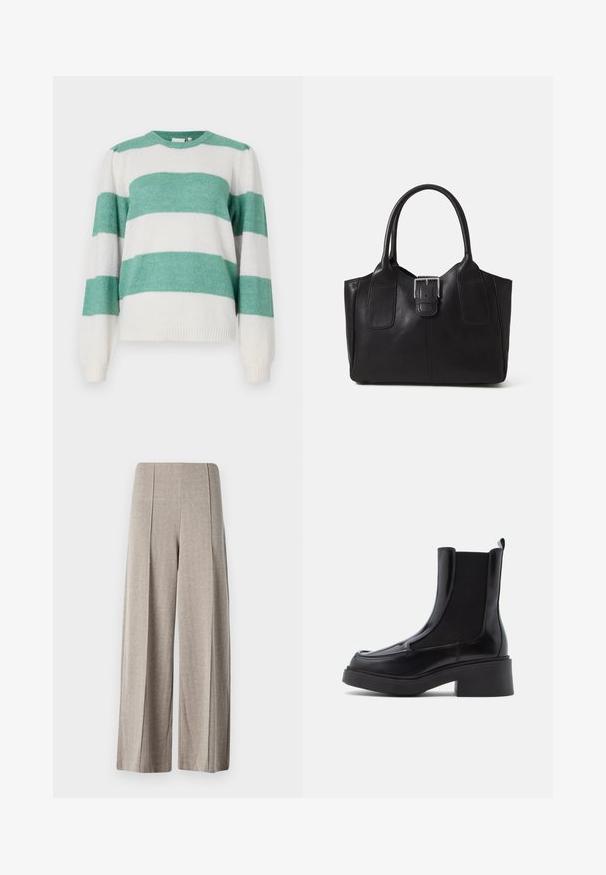 Striped sweater featuring alternating teal and white colors, rounded neckline, long sleeves, and a soft, textured fabric.; Beige wide-leg trousers made from textured fabric with a houndstooth pattern, featuring a high waist and pressed creases along the legs.; Black chelsea boots with a chunky heel, featuring a glossy leather upper and elastic side panels for easy wear. Solid rubber sole.; Black leather tote bag with smooth texture, structured shape, two handles, and a prominent silver buckle detail on the front.