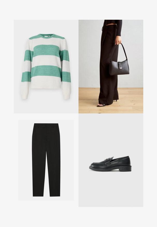 Striped sweater featuring alternating teal and white colors, rounded neckline, long sleeves, and a soft, textured fabric.; Black trousers with a tailored design, featuring side pockets and a straight leg. Made from smooth, lightweight fabric with a sleek finish.; Black leather loafers with a rounded toe, stitched detailing, and a small heel. Smooth texture and a flexible rubber sole.; Black handbag with structured shape, smooth texture, and a metallic clasp. Paired with wide black pants and open-toe sandals on wooden floor.