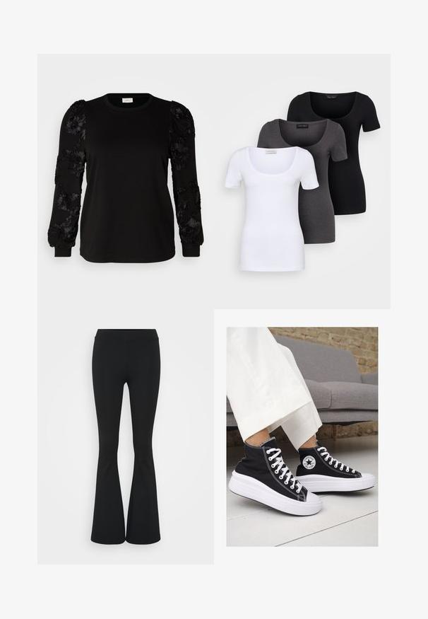 ONLY Carmakoma CARROSANNA O NECK MIX - Ikdienas džemperis - black; Trīs pieguļoši T-krekli baltā, pelēkā un melnā krāsā. Katram ir plaša izgriezuma kakla un īsas piedurknes. Izgatavoti no gluda, elastīga auduma.; Melnas izplešanās bikses, izgatavotas no elastīga auduma, ar augstu vidukli un gludu tekstūru. Bikses izvēršas no ceļa.; Melni kanvas augstpapēžu apavi ar baltām gumijas zolēm un auklām. Ievērojams aplis logotips sānos un kontrastējoša balta šuvums.