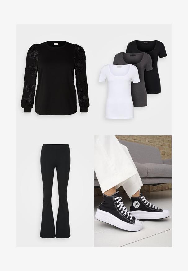 ONLY Carmakoma CARROSANNA O NECK MIX - Camisola - black; Três t-shirts ajustadas em branco, cinza e preto. Cada uma possui um decote amplo e mangas curtas. Feitas de um tecido liso e elástico.; Calças pretas de corte alargado feitas de tecido elástico, com uma cintura alta e uma textura suave. As calças alargam-se a partir do joelho.; Ténis pretos de cano alto com solas e atacadores em borracha branca. Apresentam um emblema redondo e costuras contrastantes em branco. Material em lona.