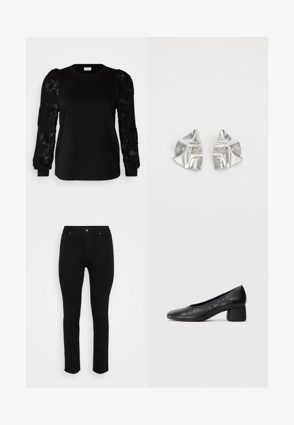 ONLY Carmakoma CARROSANNA O NECK MIX - Camisola - black; Jeans de ganga pretos com um corte slim, design de cinco bolsos, fecho frontal por botão e ligeira elasticidade para conforto. Textura lisa e plana com detalhes mínimos.; Sapato de salto preto em couro com bico arredondado e salto médio bloco. Textura suave com detalhes mínimos, apresentando uma abertura elástica discreta.; Brincos de metal prateado com um design ondulante e escultural, apresentando um acabamento polido e formas irregulares, destacando uma estética contemporânea.
