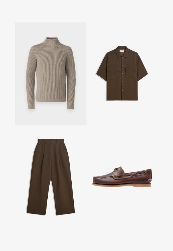 Bež pletena turtleneck pulover z dolgimi rokavi, ki se ponaša s prilegajočo silhueto in strukturo pletenine. Narejen iz mehkega materiala.; Kratka majica s kratkimi rokavi, temno rjave barve, izdelana iz teksturiranega materiala. Ima gumbno zapiranje in dve žepek na prsih. Prijeten slog z ohlapnim krojem.; Svetlo rjave plisirane hlače širokega kroja, z gumbom za zapiranje in stranskimi žepi, izdelane iz teksturirane tkanine, primerne za vsakodnevno nošenje.; Rjavi usnjeni čolnar s belim šivanjem, rjavimi vezalkami in svetlo rjavim gumijastim podplatom. Ima logo na strani in kovinske luknje za vezalke.