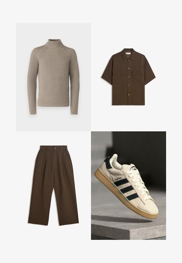 Pulover bej cu guler înalt, cu mâneci lungi, având o siluetă ajustată și un model texturat de tricot. Fabricat dintr-un material moale.; Cămașă cu mâneci scurte, de culoare maro închis, fabricată dintr-un material texturat. Prezintă un sistem de închidere cu nasturi în față și două buzunare pe piept. Design casual, cu o croială lejeră.; Pantaloni plisati maro cu un design cu picioare largi, prevazuti cu inchidere cu nasture si buzunare laterale, realizati dintr-un material texturat, potriviti pentru purtarea casual.; Adidași din suede bej cu trei dungi albastre închise, șireturi albe și o talpă din cauciuc bej. Prezintă un logo pe limba pantofului și textul "CAMPUS".