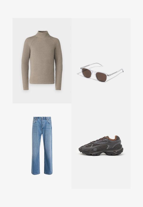 Beige ribbed turtleneck sweater with long sleeves, featuring a fitted silhouette and textured knit pattern. Made from a soft material.; Light blue denim jeans with a straight-leg design, five pockets, button closure, minimal fading, and contrasting stitching details.; Lacoste sneakers in dark gray with mesh and synthetic material, featuring a textured sole and brown accents on the collar and branding.; Clear plastic sunglasses with rectangular brown lenses, featuring thin, transparent arms and metal accents on the temples.