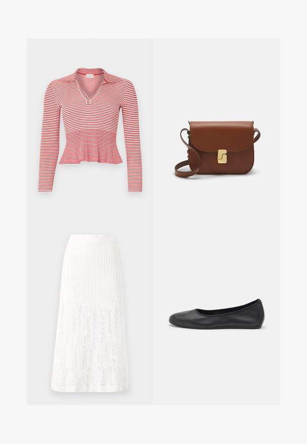 Czerwono-biały, w paski, długi rękaw top z dekoltem w kształcie litery V i kołnierzykiem. Materiał ma prążkowaną fakturę i falbanę na dole.; Dzianinowa biała spódnica midi z fakturowanym wzorem w pionowe linie oraz wycięciami przy dolnej krawędzi. Elastyczny pas. Miękki materiał.; Czarne skórzane baletki z zaokrąglonym noskiem, gładką fakturą, minimalnymi przeszyciami i elastycznym designem podeszwy.; Brązowa skórzana torebka na ramię z klapką, złotymi detalami, paskiem na ramię i gładką teksturą. Kompaktowy prostokątny kształt.