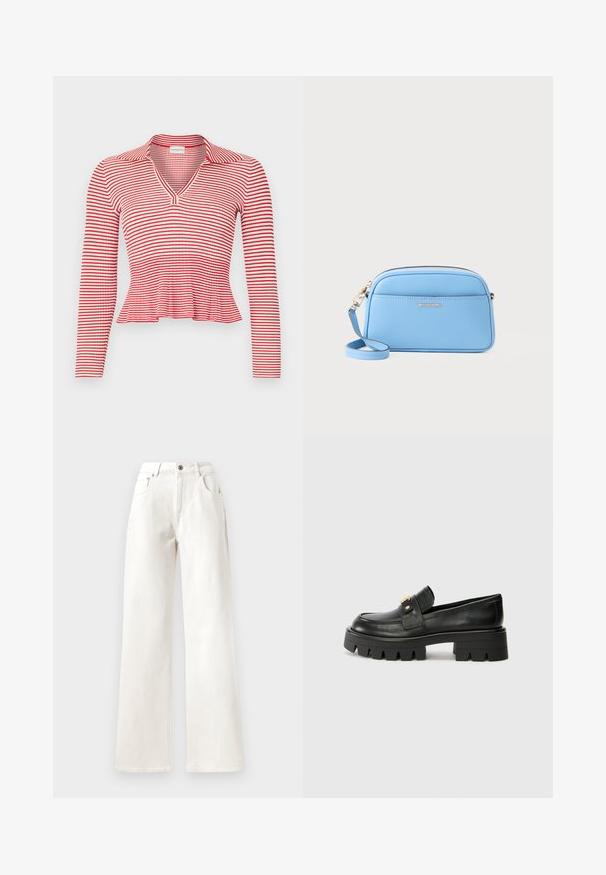 Punased ja valged triibulised pikad varrukad, V-kaelusega ja kraega. Kanga tekstuur on sooniline ning alumine äär on peplum-stiilis.; Valged laiad denim püksid, millel on nupuga sulgemine, vöölõngad ja viie tasku disain. Sujuv tekstuur nähtavate õmblustega.; Mustast nahkfrontaalid, millel on paks tald, esiosas kullatooni aksent ja sile viimistlus. Talse paksu mustriga disain.; Hele sinine nahast ristiõlakott kuldse viimistlusega, tõmblukk, ja eesmine tasku. Omab reguleeritavat rihma mugavuse tagamiseks.