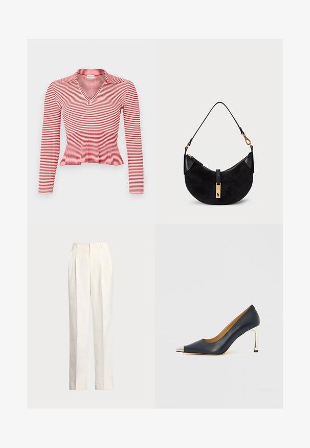 Crvena i bijela prugasta majica dugih rukava s V-izrezom i ovratnikom. Tkanina ima rebrastu teksturu i peplum rub.; Polo Ralph Lauren HEMP WIDE LEG PANT - Hlače - nevis; Smeđe plava kožna ženska cipela s visokim potpeticama i šiljastim vrhom, s metalnim srebrnim vrhom i sjajnom srebrnom štiklom.; Crna torba s zakrivljenim oblikom, napravljena od antilopa i kože, s zlatnim patentnim zatvaračem i detaljem s logotipom. Ima kratku ručku.