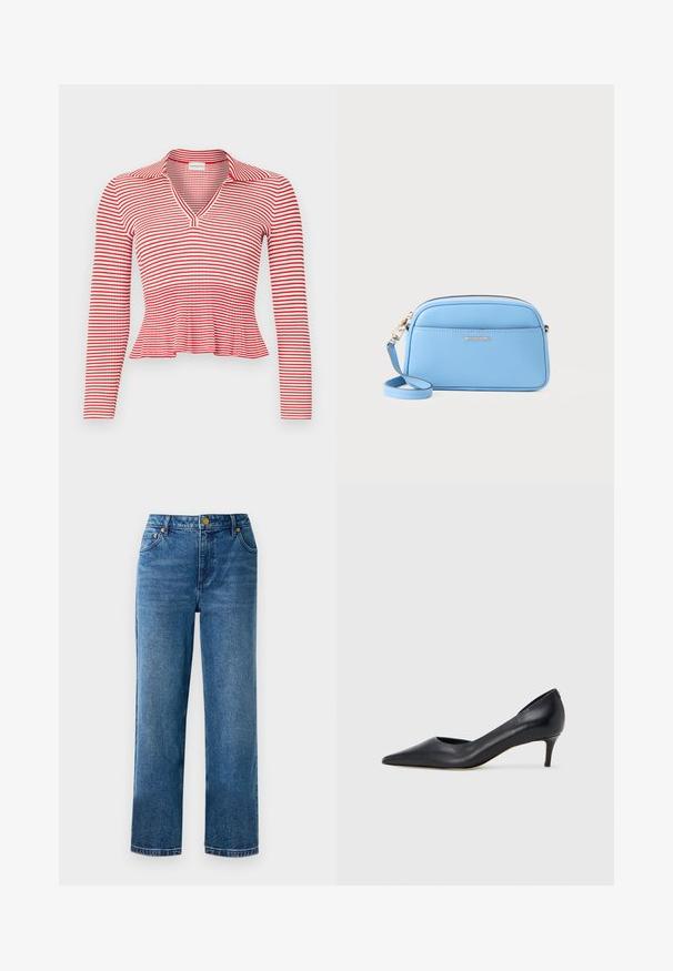 Sarkana un balta svītrainā garām piedurknēm ar V-veida kakla izgriezumu un apkakli. Audumam ir ribota tekstūra un peplum apakšdaļa.; Zilas augstās jostas vietas džinsi ar taisnu kāju griezumu, izgatavoti no denima, ar pieciem kabatām un zelta toņa detaļām.; Melna ādas kurpe ar smailu purngalu un zemu papēdi. Raksturota ar gludu tekstūru un smalku spīdumu. Priekša ar atvērtu izgriezumu papildu detaļai.; Gaiši zila ādas plecu soma ar zeltītām detaļām, ar rāvējslēdzēju un priekšējo kabatu. Iespējams regulēt siksnu, lai nodrošinātu ērtību.