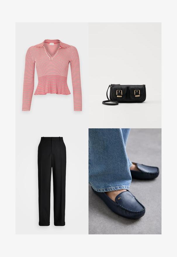 Sarkana un balta svītrainā garām piedurknēm ar V-veida kakla izgriezumu un apkakli. Audumam ir ribota tekstūra un peplum apakšdaļa.; Polo Ralph Lauren HIGH RISE RELAXED STRAIGHT TROUSER - Auduma bikses - black; MICHAEL Michael Kors EVE - Mokasīni - navy; Melnas ādas crossbody soma ar divām priekšējām kabatām, zelta sprādzēm, ar rāvējslēdzēju aizdari un šauru siksnu. Strukturēta virsma un kompakta taisnstūra forma.