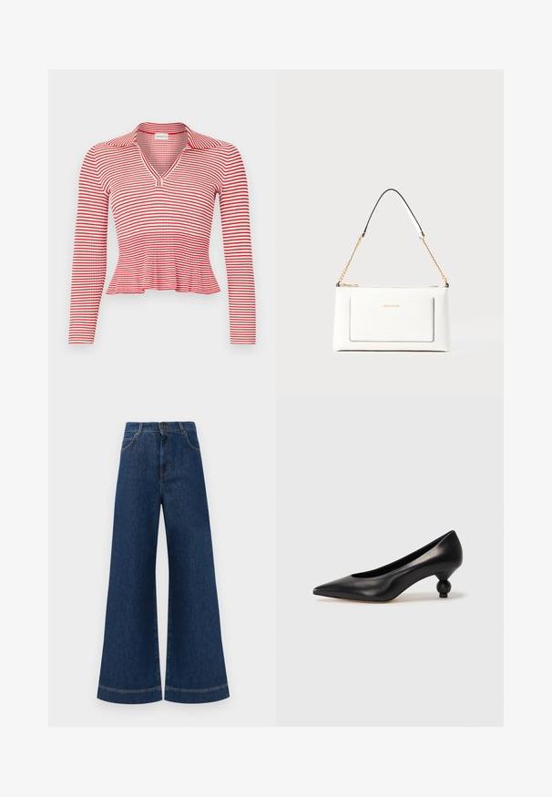 Rot-weiß gestreiftes Langarmoberteil mit V-Ausschnitt und Kragen. Der Stoff hat eine gerippte Textur und einen Peplum-Saum.; Weite blaue Jeans aus Denim mit hoher Taille, ausgestattet mit einem Knopfverschluss, Gürtelschlaufen und dezenten Stichdetails an den Taschen und Säumen.; Schwarze Leder-Pumps mit spitzem Zehenbereich und runder, ballförmiger Ferse. Glatte Textur mit einem eleganten, minimalistischen Design.; Weißes Lederhandtasche mit strukturierter Oberfläche, ausgestattet mit einem goldenen Kettenriemen und schwarzen Akzenten. Enthält eine Fronttasche und einen Reißverschluss.