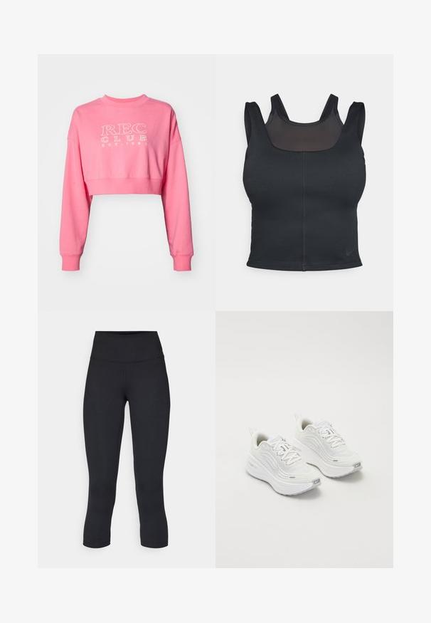 Sudadera corta rosa hecha de algodón con mangas largas, con un cuello redondo acanalado y la impresión en blanco de "REC CLUB EST. 1980".; Sostenedor deportivo negro con un diseño ajustado, tirantes anchos y una capa de malla en la parte delantera. Textura suave y costuras mínimas. Logo de Nike en el dobladillo.; Leggings negros cortos hechos de tela elástica, con una cintura alta y una textura suave, sin patrones o herrajes visibles.; Zapatillas deportivas blancas con parte superior de malla texturizada, suela acolchada y sutiles acentos grises. Incluye un logotipo y una pestaña en el talón para facilitar su uso.