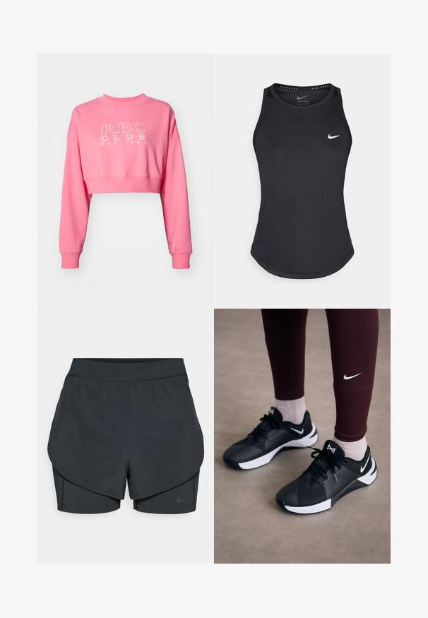 Rosa kortärmad sweatshirt i bomull med långa ärmar, som har en ribbad rund halsringning och "REC CLUB EST. 1980" tryckt i vitt.; Svart atletisk linne gjort av fuktavvisande material. Har rund halsringning, smal passform och vit Nike-logotyp på bröstet.; Svarta träningsshorts med ett lagerdesign, med ett slätt yttre lager och en åtsittande inre short. Tillverkade av lätt, elastisk tyg.; Svarta sportskor med en texturerad ovandel och vita detaljer, med snören och en sidologotyp. Helt klart i kombination med vinröda leggings och ljusa strumpor.