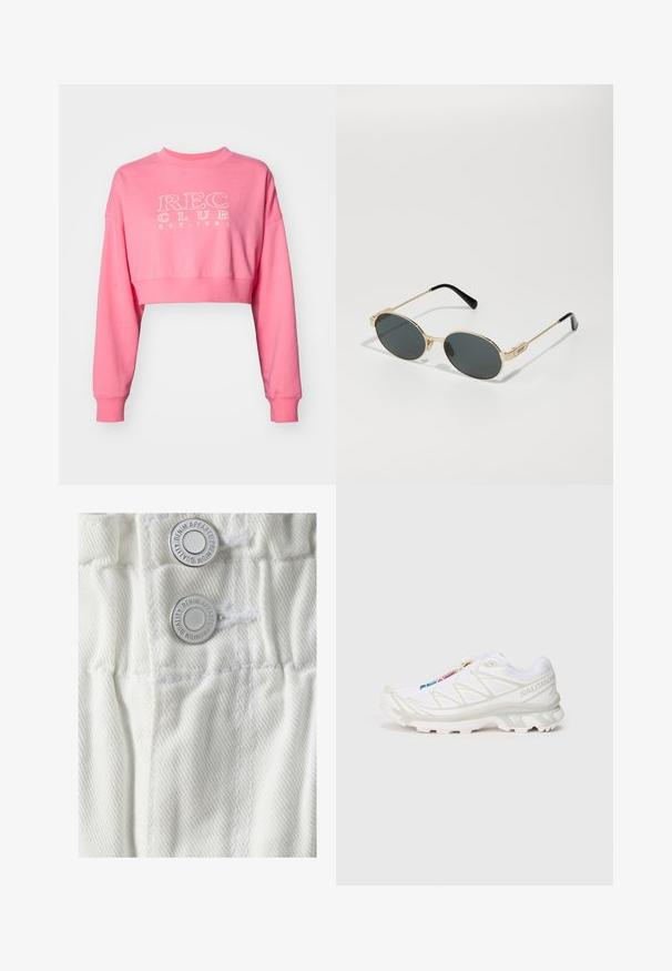 Sudadera corta rosa hecha de algodón con mangas largas, con un cuello redondo acanalado y la impresión en blanco de "REC CLUB EST. 1980".; Vero Moda VMLYRA PAPERBAG - Shorts vaqueros - snow white; Zapatilla deportiva blanca con parte superior de malla texturizada, acentos reflectantes y suela acolchada. Logotipo de la marca notable en el costado.; Gafas de sol de metal dorado con lentes ovalados y oscuros. Puntas de acetato negro en las patillas. Nombre de la marca "QUAY" en el lateral.