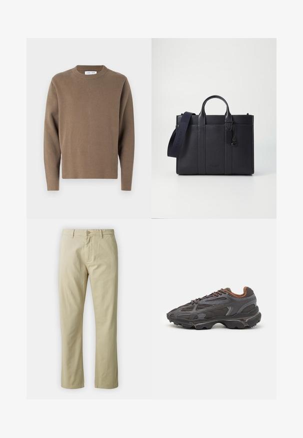 Maglione marrone lavorato a maglia con scollo rotondo e maniche lunghe. Texture liscia, vestibilità leggermente oversize e design minimalista.; Pantaloni in cotone beige dal design a gamba dritta, con chiusura frontale a bottone e passanti per cintura. Tessuto liscio, senza motivi o dettagli visibili.; Sneaker Lacoste grigie scure in materiale mesh e sintetico, con suola testurizzata e dettagli marroni sul colletto e sul branding.; Cartella in pelle blu scuro con doppio manico superiore e tracolla removibile. Presenta una finitura texturizzata, cuciture verticali e dettaglio del logo.