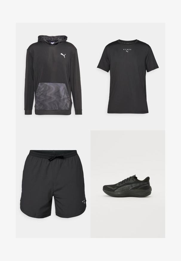 Puma CONCEPT HYPERWAVE HOODIE - Kapuzenpullover - black/cool dark gray; Schwarz kurzes Sport-T-Shirt aus leichtem Stoff. Mit Rundhalsausschnitt und bedrucktem "HYROX"-Logo sowie Puma-Emblem auf der Vorderseite.; Schwarze Badeshorts mit elastischem Bündchen und Kordelzug. Leichtes Material mit Seitentaschen. Mit einem kleinen Logo am Saum.; Schwarzer Sportschuh mit Obermaterial aus strukturiertem Mesh, flachen Schnürsenkeln und einer gepolsterten Sohle mit dezenten reflektierenden Akzenten.