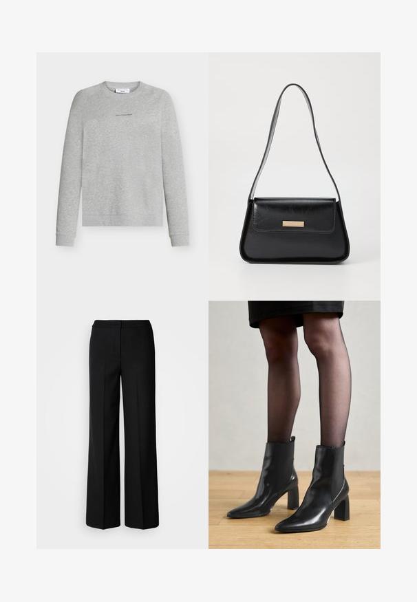 Szara bluza dresowa z miękkiej mieszanki bawełny, z okrągłym dekoltem, długimi rękawami i subtelnym logo na piersi. Gładka faktura i luźny krój.; Czarne szerokie spodnie o gładkim materiale, z wysokim stanem, dopasowanymi szwami i minimalistycznym designem. Brak widocznych zapięć lub kieszeni.; Czarne skórzane botki za kostkę z ostro zakończonym noskiem, masywnym kwadratowym obcasem i eleganckim designem. Posiadają elastyczne boczne panele dla łatwego zakładania.; Czarna skórzana torebka o strukturalnym, trójkątnym kształcie, z wąskim paskiem i złotymi elementami ozdobnymi, wyposażona w tabliczkę z logo na przedniej klapie.