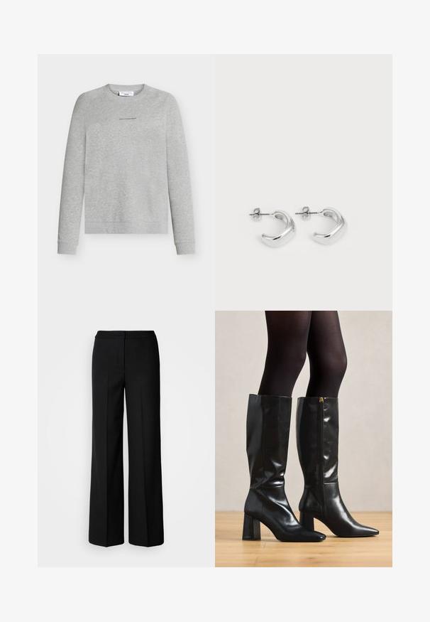 Siva majica iz mehkega bombažnega materiala, z okroglim izrezom, dolgimi rokavi in subtilnim logotipom na prsih. Gladek tekstura in sproščen kroj.; Črne široke hlače iz gladkega materiala, z visokim pasom, krojenimi šivi in minimalističnim dizajnom. Brez vidnih zakov ali žepov.; Črne usnjene škornje do kolen z sijočo površino, špičastim nosom in debelejšim peto. Detajl z božnim zadrgo za enostavno obuvanje.; Srebrni uhani v obliki obroča z gladko, polirano površino. Okrogla oblika s nekoliko ukrivljenim dizajnom in spojem robov. Zaponka za zaklepanje.