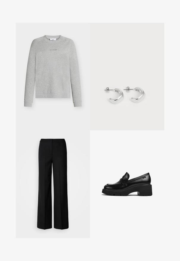 Felpa grigia in morbido misto cotone, con collo rotondo, maniche lunghe e un logo discreto sul petto. Tessuto liscio e vestibilità comoda.; Pantaloni neri a gamba larga in tessuto morbido, con vita alta, cuciture sartoriali e design minimalista. Nessuna ferramenta visibile o tasche.; Mocassino in pelle nera con tacco chunky, suola spessa e un dettaglio a strap nella parte superiore, mostrato di lato su uno sfondo bianco.; Orecchini a cerchio in argento con una finitura liscia e lucida. Forma rotonda con un design leggermente curvato e bordi sfumati. Chiusura a perno.