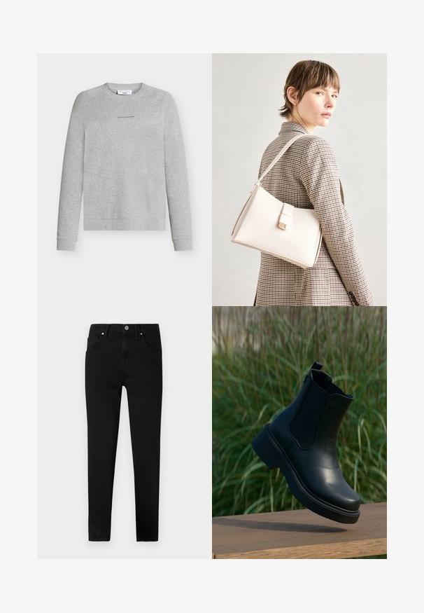 Pilkas džemperis iš minkšto medvilnės mišinio, su apvalia iškirpte, ilgomis rankovėmis ir subtiliu logotipu ant krūtinės. Lygi tekstūra ir laisvas siluetas.; Juoda džinsinio audinio kelnės su siauromis kojomis, turinčios priekinius sagos užsegimus, diržo kilpeles ir klasikinį penkių kišenių dizainą. Lygus paviršius.; Juodi odiniai auliniai batai su elastinėmis šoninėmis panelėmis, apvaliu nose ir storu platformos padu, padėti ant medinės paviršiaus.; Balto odos rankinė su struktūrizuotu dizainu, turinti magnetinį užsegimą ir petnešą, demonstruojama prieš neutralią foną.