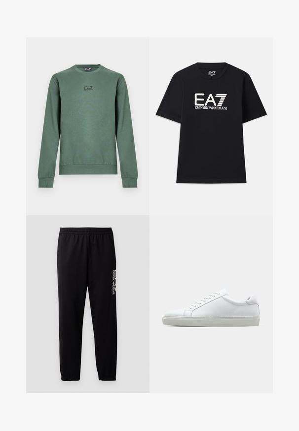 Zielona bluza z długimi rękawami, okrągłym dekoltem, ściągaczami przy mankietach i u dołu oraz małym czarnym logo EA7 na przodzie. Miękka tekstura tkaniny.; Czarna koszulka z bawełny, z okrągłym dekoltem i krótkimi rękawami. Haftowane logo "EA7 EMPORIO ARMANI" na przodzie w kolorze białym.; Czarne spodnie sportowe z gładkiego materiału, z elastycznym pasem i mankietami oraz kontrastowym logo nadrukowanym z boku.; Białe sneakersy z gładką skórzaną cholewką i niskim profilem. Posiadają okrągły nos, sześć dziurek na sznurówki oraz teksturowaną gumową podeszwę.
