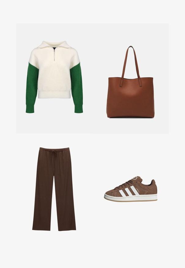 Strickpullover mit einem Viertel-Reißverschluss-Kragen. Cremefarbener Körper mit gerippten grünen Ärmeln. Weiche Textur, lockere Passform, kontrastierende Farbkombinationen.; Braune weite Hosen aus weichem Stoff, mit einem elastischen Bund und Kordelzug sowie zwei Seitentaschen.; Braune Wildledersneaker mit weißen Lederstreifen, Gummisohle, gerundetem Zehenbereich und Schnürung. Mit einem Logo auf der Zunge und perforierten Akzenten.; Braune Leder-Tote mit glatter Textur, offenem Oberteil und zwei Schulterriemen. Verfügt über minimale Nähte und keine sichtbaren Beschläge.