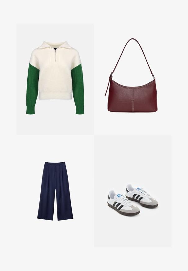 Strickpullover mit einem Viertel-Reißverschluss-Kragen. Cremefarbener Körper mit gerippten grünen Ärmeln. Weiche Textur, lockere Passform, kontrastierende Farbkombinationen.; Marineblaue weite Hosen mit Falten, Knopfverschluss und Gürtelschlaufen, flach auf einem weißen Hintergrund präsentiert.; Sportschuhe mit einem Obermaterial aus weißem Leder, grauer Wildleder-Zehenkappe und drei schwarzen Streifen. Sie verfügen über ein blaues Logo auf der Zunge und eine strukturierte Gummisohle.; Bordeauxfarbene Ledertasche mit geschwungener Form, einem einzigen Schulterriemen und gesteppten Details in der Mitte. Glatte Textur, minimales Zubehör.