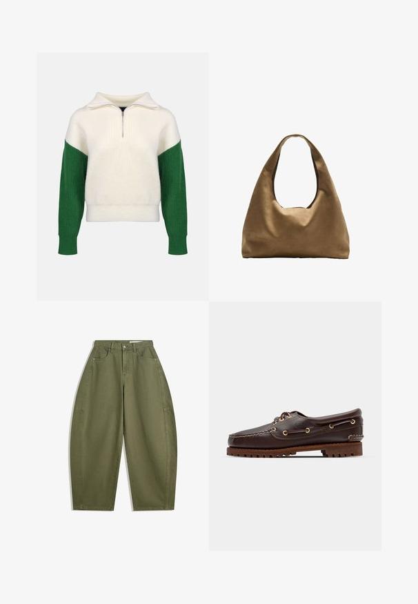 Strickpullover mit einem Viertel-Reißverschluss-Kragen. Cremefarbener Körper mit gerippten grünen Ärmeln. Weiche Textur, lockere Passform, kontrastierende Farbkombinationen.; Olivgrüne weite Hose aus Baumwolle mit hoher Taille, Fronttaschen und glatter Textur. Keine Verzierungen oder Muster.; Braune Lederbootsschuhe mit goldenen Ösen, runden Schnürsenkeln und einer strukturierten braunen Gummisohle. Verfügt über genähte Details und ein erhabenes Logo.; Braune Stoffschultertasche mit einem breiten, runden Körper und einem großen Ausschnittgriff. Sanfte Textur, minimalistisches Design und keine sichtbaren Beschläge.