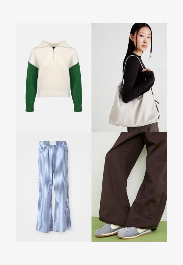 Suéter de punto con cuello de media cremallera. Cuerpo color crema con mangas verdes con canalé. Textura suave, corte relajado, bloques de color en contraste.; Pantalones a rayas blancas y azules con un corte relajado, hechos de un tejido ligero, que cuentan con una cintura elástica y una etiqueta de logo sutil.; Pantalones de pierna ancha marrones con textura suave y detalles en las costuras laterales, combinados con zapatillas de estilo retro en gris y blanco con suela de goma.; Bolso de mano beige hecho de material suave, con un diseño holgado, detalles cosidos y dos asas. Adecuado para uso diario.