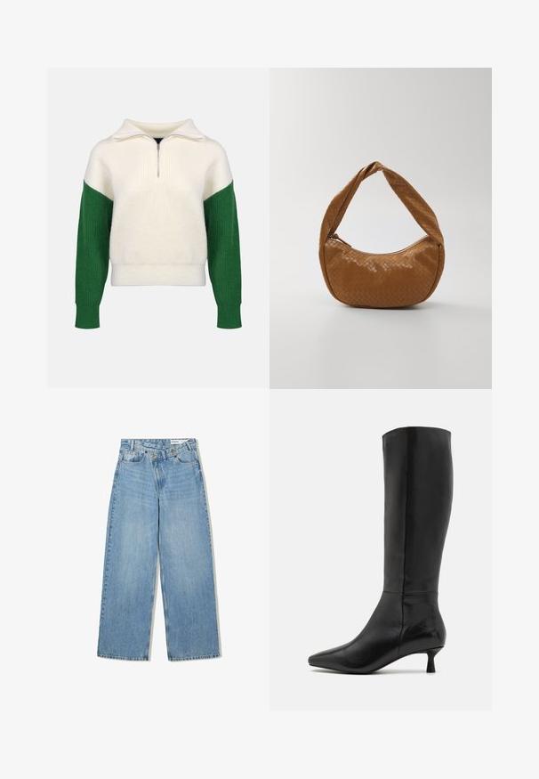 Knit sweater with a quarter-zip collar. Cream body with ribbed green sleeves. Soft texture, relaxed fit, contrasting color blocks.; Light blue wide-leg jeans made of denim, featuring a high waist, five pockets, button closure, and subtle fading for texture.; Zign Boots - black; Woven leather handbag in tan, oval shape with a thick braided handle, featuring a zip closure and glossy texture.